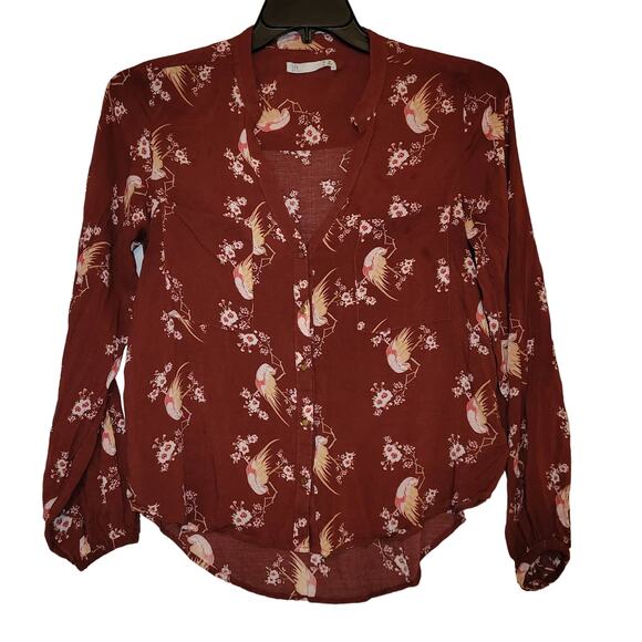 Lefties womens maroon red floral bird print button up blouse size large - Picture 1 of 6